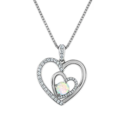 Opal and White Sapphire 18-inch Heart Pendant in Sterling Silver