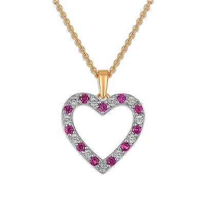 Created Ruby and Diamond 18-inch Heart Pendant in Yellow Gold Plated Sterling Silver