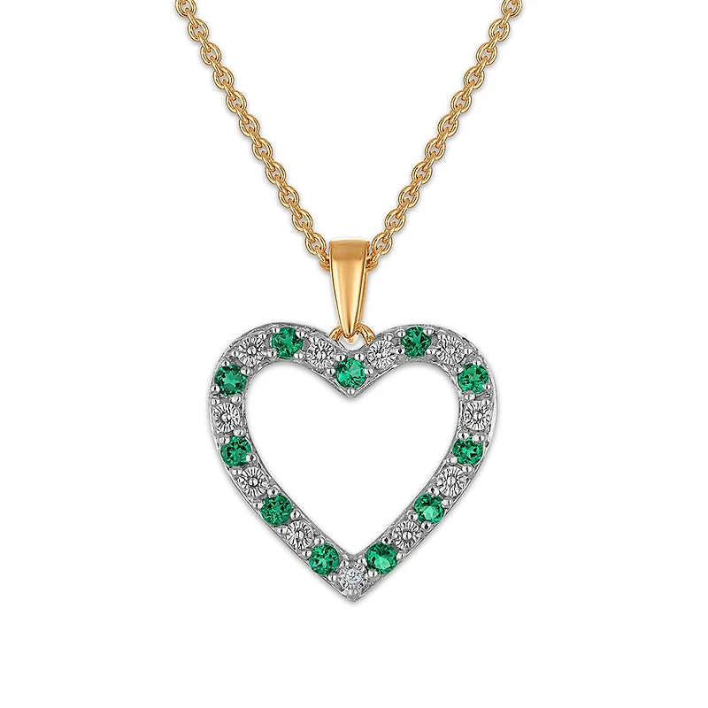 Created Emerald and Diamond 18-inch Heart Pendant in Yellow Gold Plated Sterling Silver