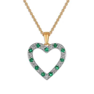 Created Emerald and Diamond 18-inch Heart Pendant in Yellow Gold Plated Sterling Silver
