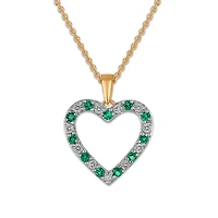 Created Emerald and Diamond 18-inch Heart Pendant in Yellow Gold Plated Sterling Silver