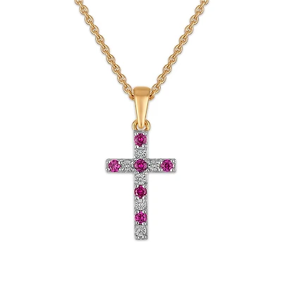 Created Ruby and Diamond 18-inch Cross Pendant in Yellow Gold Plated Sterling Silver
