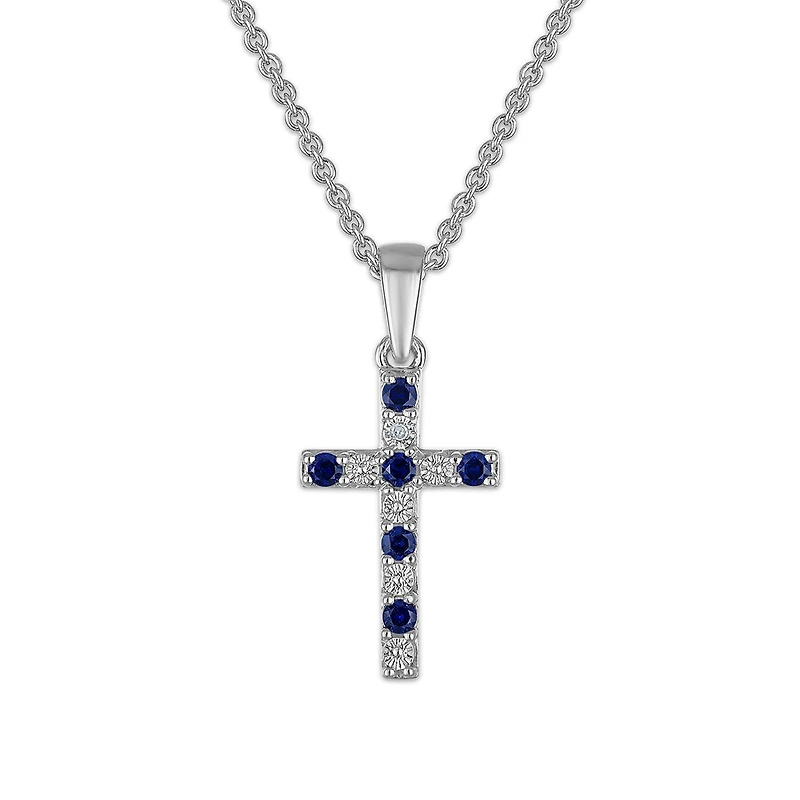 Created Blue Sapphire and Diamond 18-inch Cross Pendant in Sterling Silver