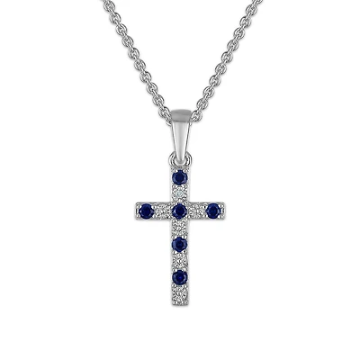 Created Blue Sapphire and Diamond 18-inch Cross Pendant in Sterling Silver