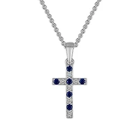 Created Blue Sapphire and Diamond 18-inch Cross Pendant in Sterling Silver