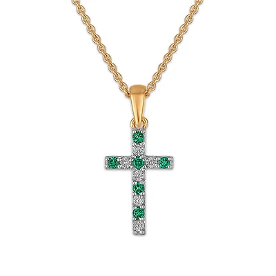 Created Emerald and Diamond 18-inch Cross Pendant in Yellow Gold Plated Sterling Silver