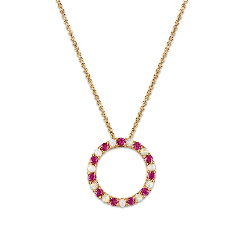 2MM Round Ruby and Opal 18-inch Circle Pendant in Yellow Gold Plated Sterling Silver