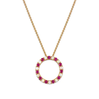 2MM Round Ruby and Opal 18-inch Circle Pendant in Yellow Gold Plated Sterling Silver