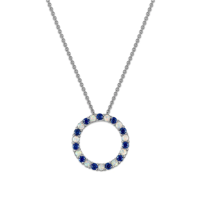 2MM Round Blue Sapphire and Opal 18-inch Circle Pendant in Rhodium Plated Sterling Silver
