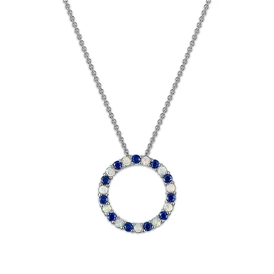 2MM Round Blue Sapphire and Opal 18-inch Circle Pendant in Rhodium Plated Sterling Silver