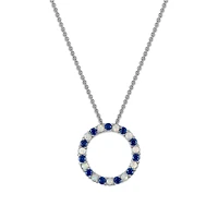 2MM Round Blue Sapphire and Opal 18-inch Circle Pendant in Rhodium Plated Sterling Silver