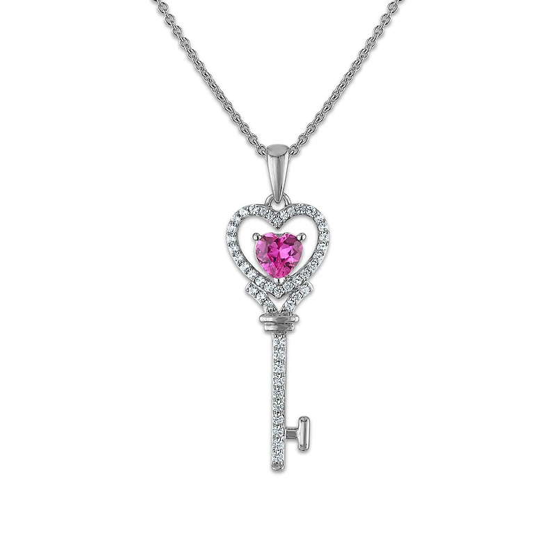 Created Pink and White Sapphire 18-inch Key Pendant in Sterling Silver