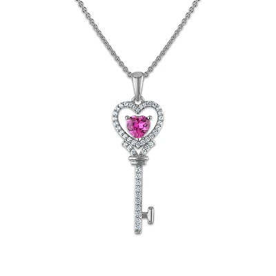 Created Pink and White Sapphire 18-inch Key Pendant in Sterling Silver