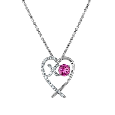 Created Pink and White Sapphire 18-inch Heart XO Pendant in Sterling Silver