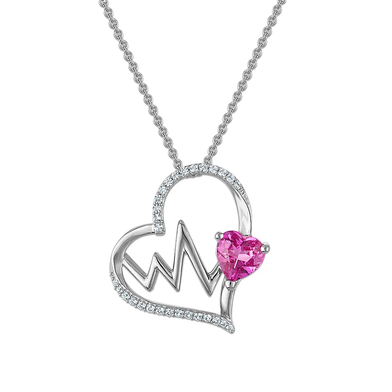 Created Pink and White Sapphire 18-inch Heartbeat Pendant in Sterling Silver