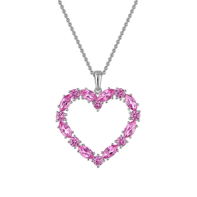 Created Pink Sapphire 18-inch Heart Pendant in Sterling Silver