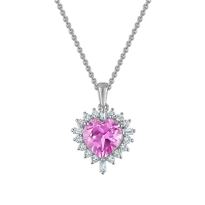 Created Pink and White Sapphire 18-inch Heart Pendant in Sterling Silver