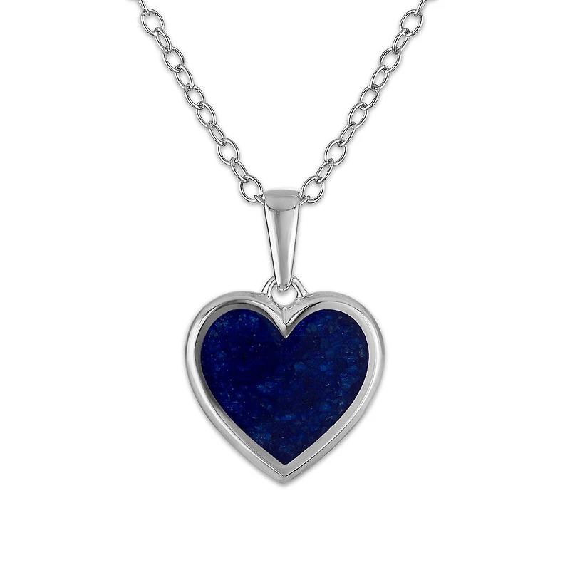 Crushed Blue Sapphire 18-inch Heart Pendant in Sterling Silver