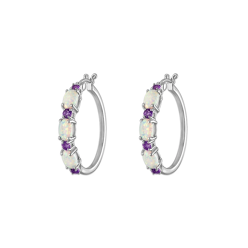 6X4MM Oval Opal and Amethyst Hoop Earrings in Rhodium Plated Sterling Silver