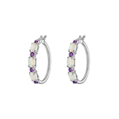 6X4MM Oval Opal and Amethyst Hoop Earrings in Rhodium Plated Sterling Silver