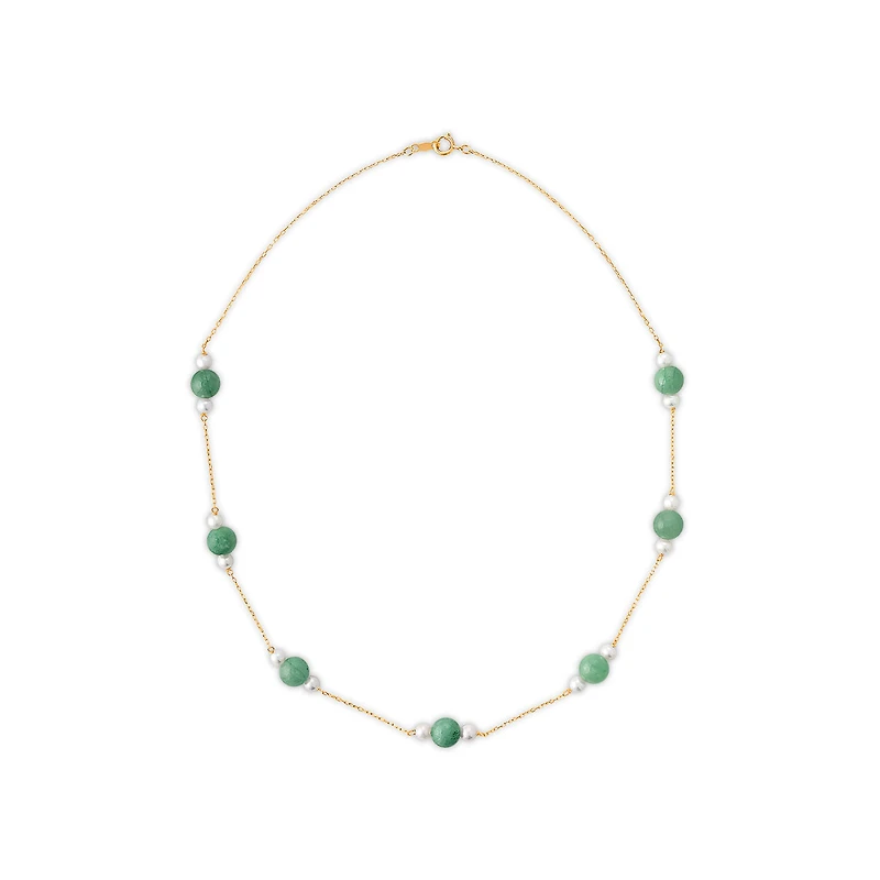 Jade and Fresh Water Pearl Station 18-inch Necklace in 10KT Yellow Gold