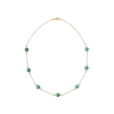 Jade and Fresh Water Pearl Station 18-inch Necklace in 10KT Yellow Gold