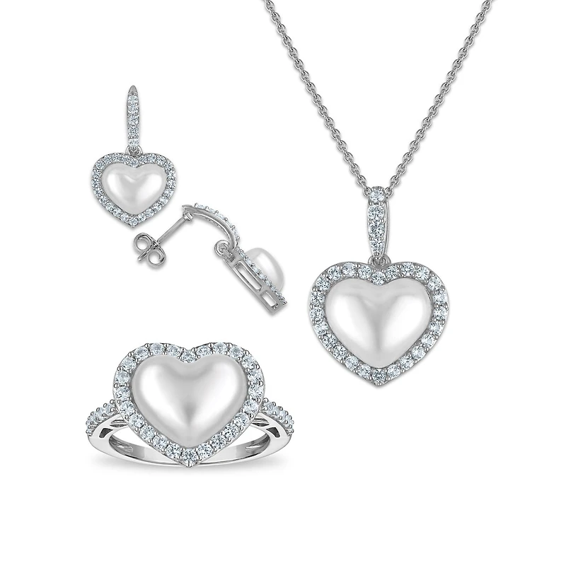 Pearl and White Sapphire 3-Piece Set in Sterling Silver