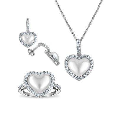 Pearl and White Sapphire 3-Piece Set in Sterling Silver