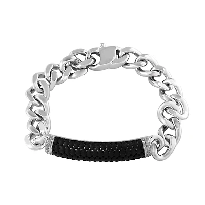 EFFY Round White Sapphire 8.5-inch Black ID Plate Fashion Bracelet in Rhodium Plated Sterling Silver