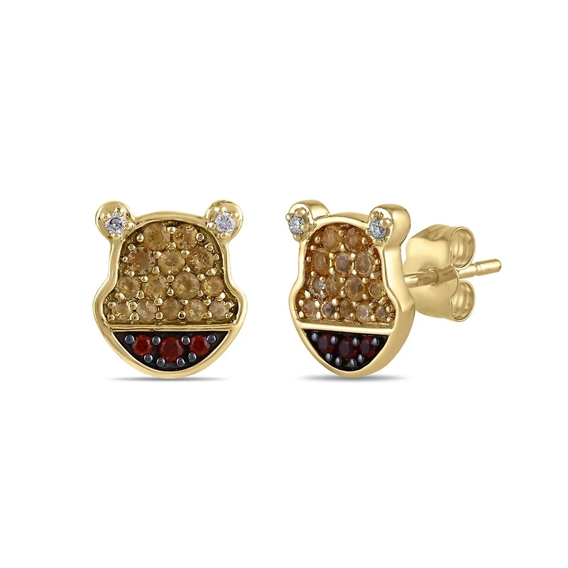 Disney Jewels Citrine, Garnet and Diamond Winnie The Pooh Earrings in Sterling Silver