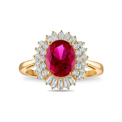 Oval Ruby and Lab Grown Diamond Halo Ring in 10KT Yellow Gold