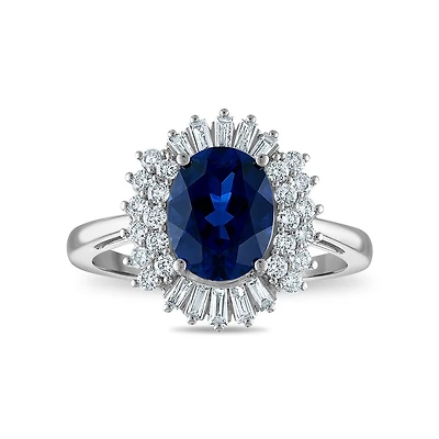 Blue Sapphire and Lab Grown Diamond Halo Ring in 10KT White Gold