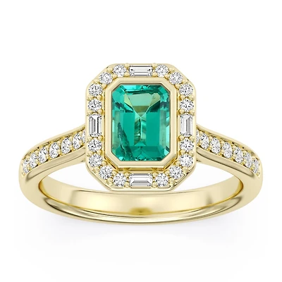 Created Emerald and Diamond Halo Ring in 10KT Yellow Gold