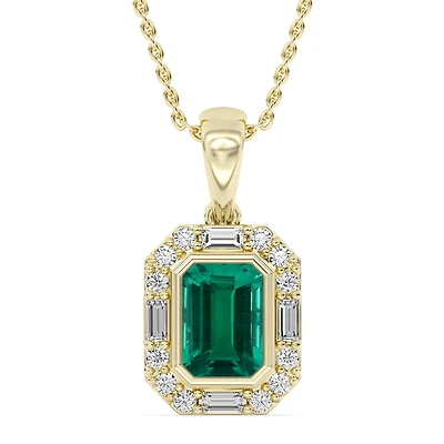 Created Emerald and Diamond Halo 18-inch Pendant in 10KT Yellow Gold