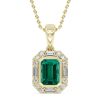 Created Emerald and Diamond Halo 18-inch Pendant in 10KT Yellow Gold