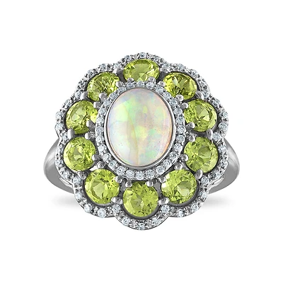 9X7MM Oval Opal and Peridot Halo Ring in Sterling Silver