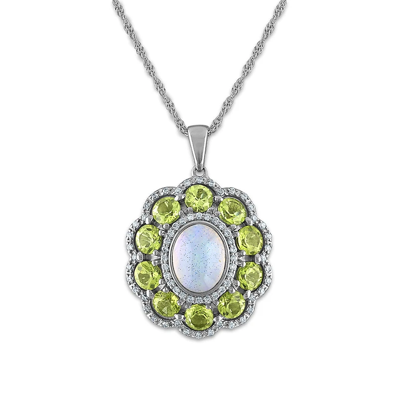 9X7MM Oval Opal and Peridot Halo 18-inch Pendant in Sterling Silver