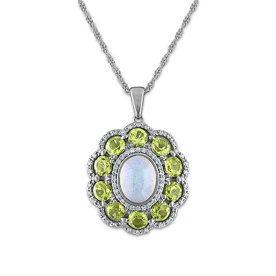 9X7MM Oval Opal and Peridot Halo 18-inch Pendant in Sterling Silver