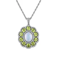 9X7MM Oval Opal and Peridot Halo 18-inch Pendant in Sterling Silver