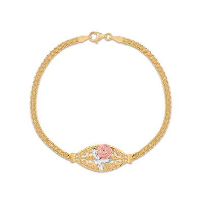 10KT Tri-Color Gold 7-inch Filigree Flower Bracelet