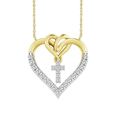1/6 CTW Natural Diamond 18-inch Cross Heart Pendant in 10KT Gold