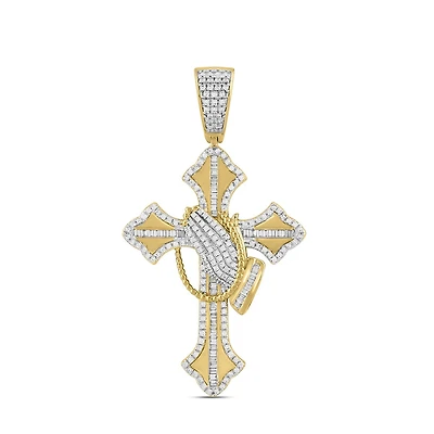 Titán by Adrian Gonzalez 10KT Yellow Gold 1 CTW Lab Grown Diamond Praying Hands On Cross Pendant. Chain not Included.
