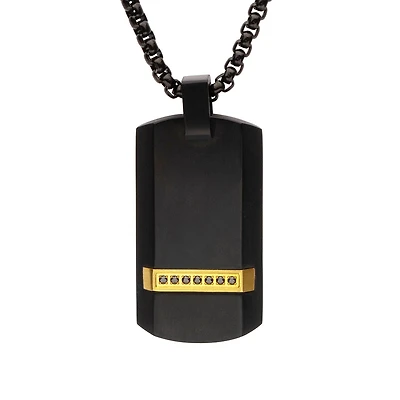 Inox Black Sapphire Accent 24-inch Dog Tag in Black IP Stainless Steel