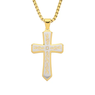 Inox Natural Diamond Accent 24-inch Cross Pendant in 18KT Gold IP Stainless Steel