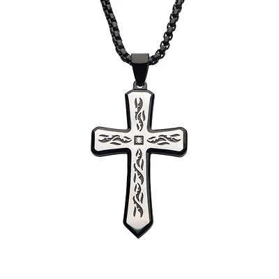 Inox Natural Diamond Accent 24-inch Cross Pendant in Black IP Stainless Steel