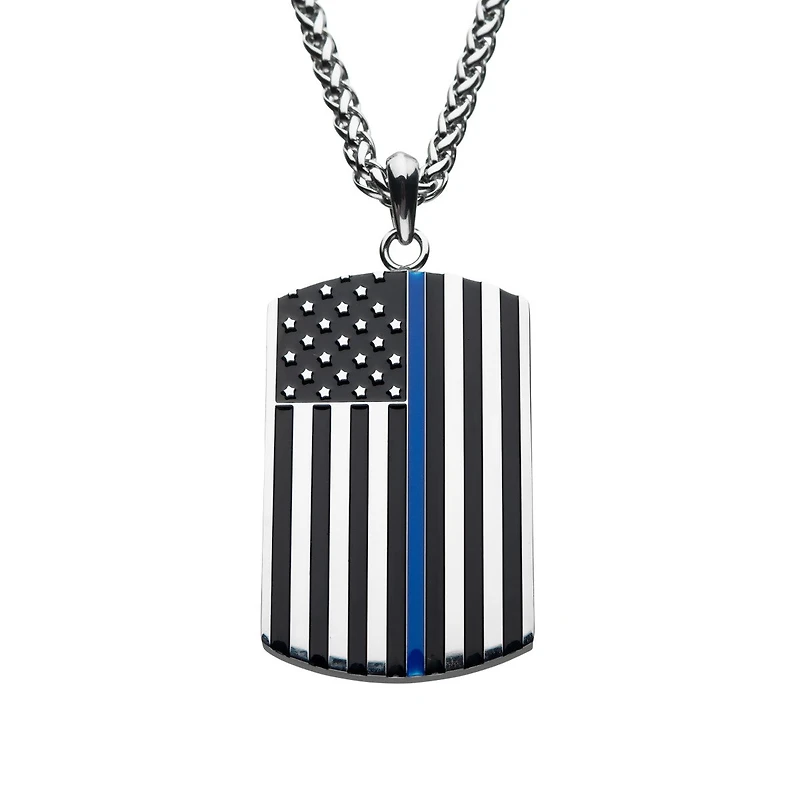 Inox Stainless Steel 24-inch Blue Line American Flag Pendant
