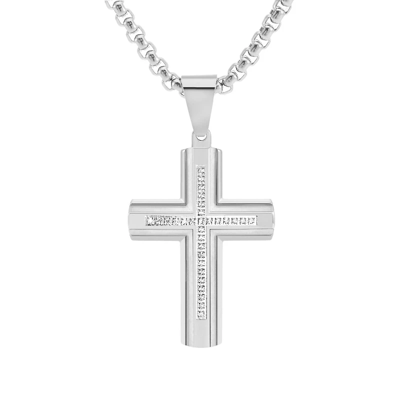 Titán by Adrian Gonzalez Stainless Steel 1/6 CTW Natural Diamond 24-inch Cross Pendant