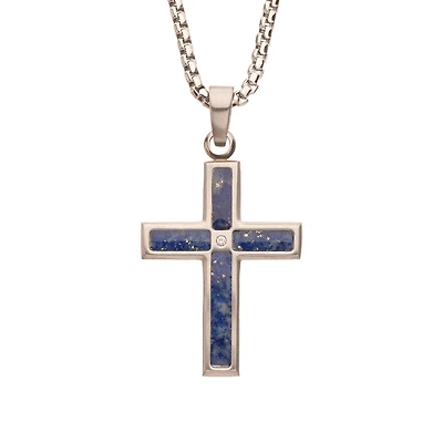 Inox Diamond Accent 22-inch Blue Lapis Cross Pendant in Stainless Steel
