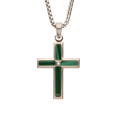 Inox Diamond Accent 22-inch Malachite Cross Pendant in Stainless Steel