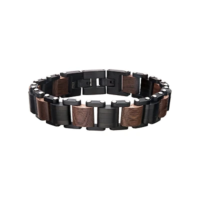 Inox Walnut Wood and Black IP Stainless Steel 8.5-inch Adjustable Bracelet